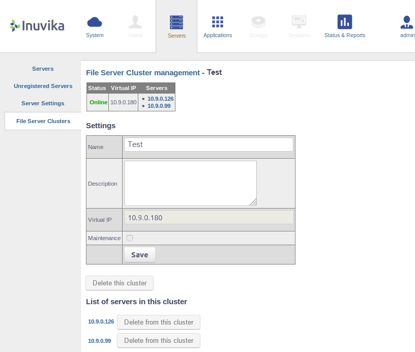 Cluster management page in the OAC