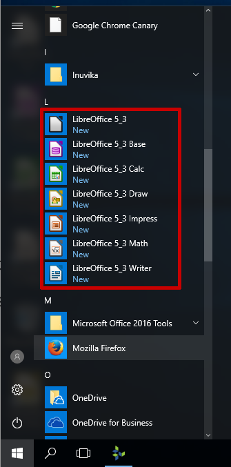 Applications list embedded into the Windows menu