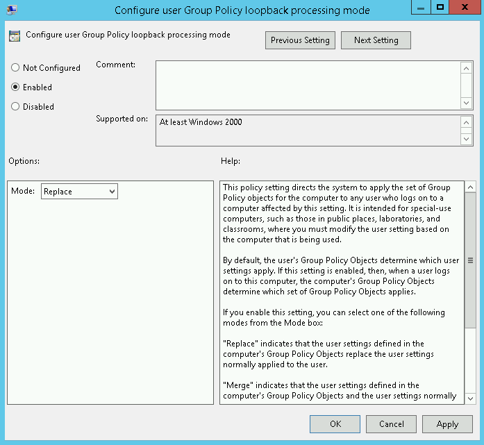 User Group Policy loopback processing mode